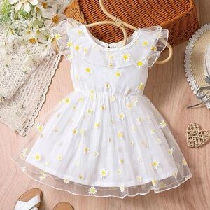 SHEIN Baby Girl Floral Print Mesh Overlay Dress